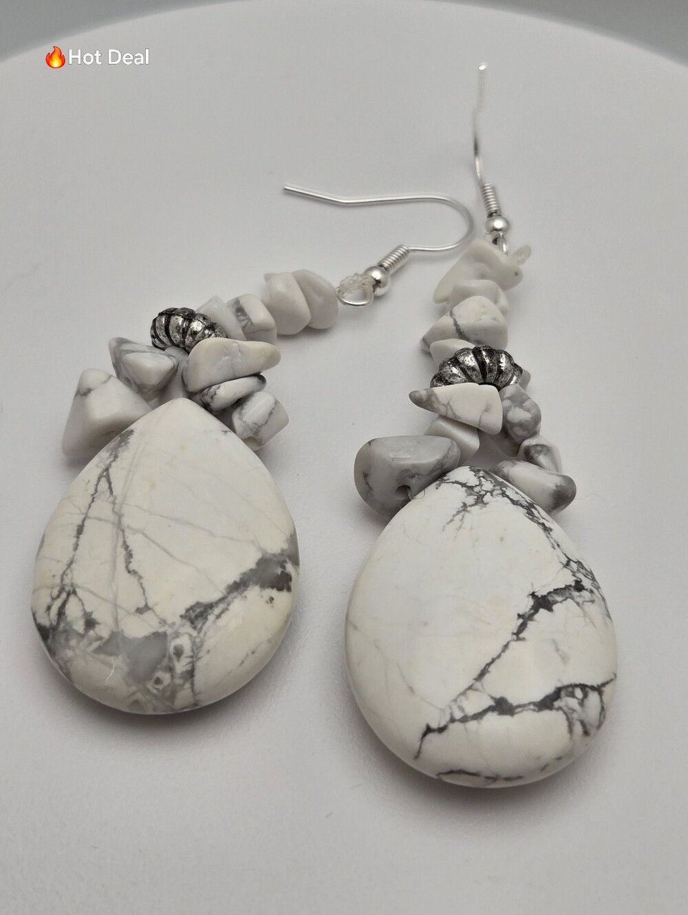 Handmade White Howlite Teardrop Earrings Natural Stone Boho Western 2.75"